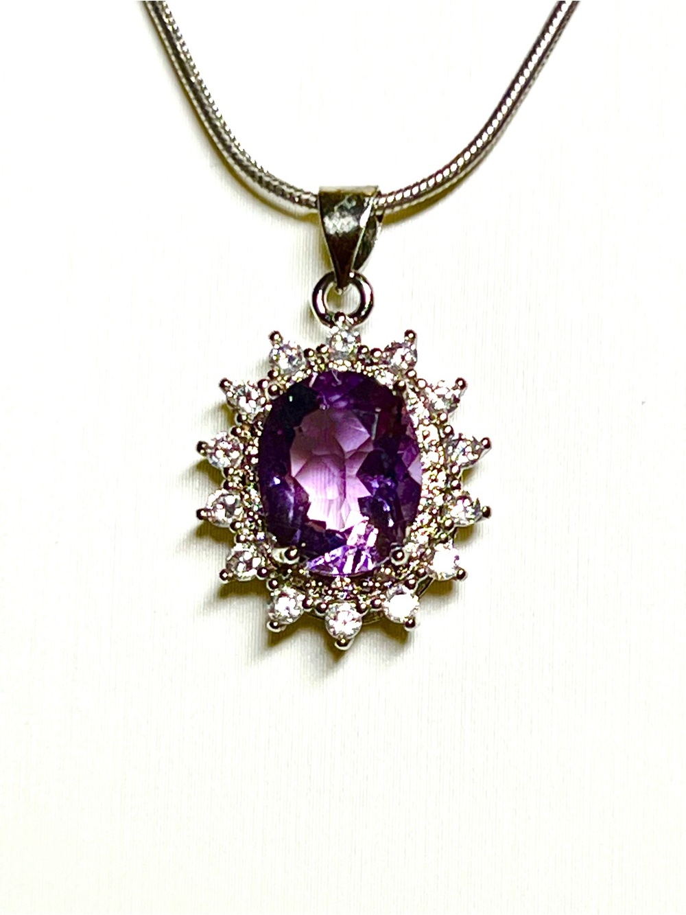Gorgeous Silver Purple Amethyst Halo Pendant with 20” chain Necklace